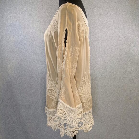 NWT Solitaire Beige Embroidered Tunic Shirt Size S Slit Sleeve Boho - Picture 13 of 16